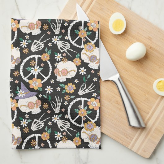 Hippie Halloween schedels en bloemen patroon Theedoek (Quarter Fold)