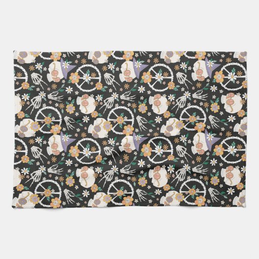 Hippie Halloween schedels en bloemen patroon Theedoek (Horizontaal)