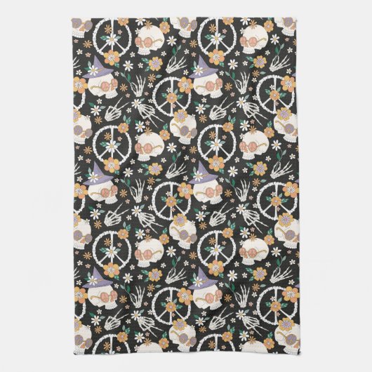 Hippie Halloween schedels en bloemen patroon Theedoek (Verticaal)