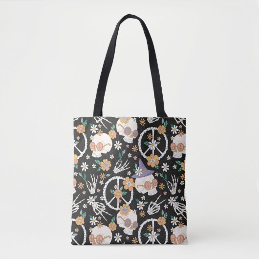 Hippie Halloween schedels en bloemen patroon Tote Bag (Voorkant)