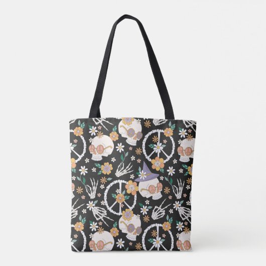 Hippie Halloween schedels en bloemen patroon Tote Bag (Achterkant)