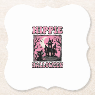 Hippie Halloween Vintage Heksenhuis Kat T-shirt_1 Kartonnen Onderzetters