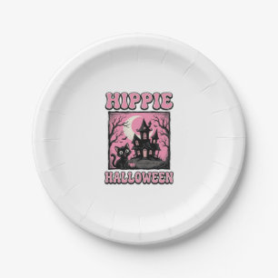 Hippie Halloween Vintage Heksenhuis Kat T-shirt_1 Papieren Bordje