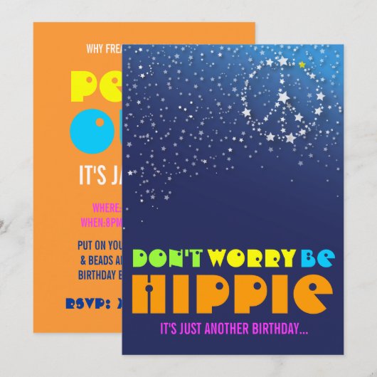 Hippie Happy 70th Birthday Peace Party-uitnodiging Kaart (Voorkant / Achterkant)