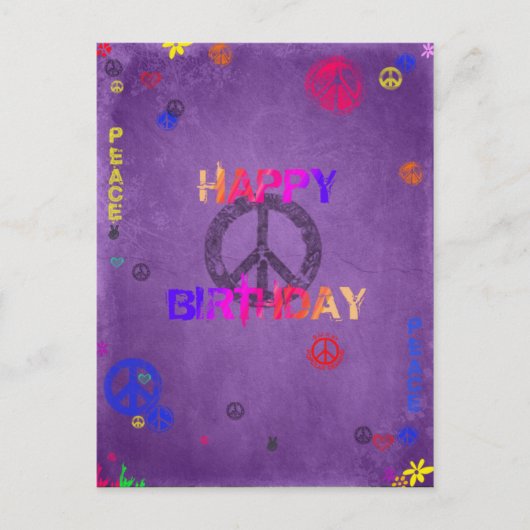 Hippie Happy Birthday Briefkaart in het Paarse (Voorkant)