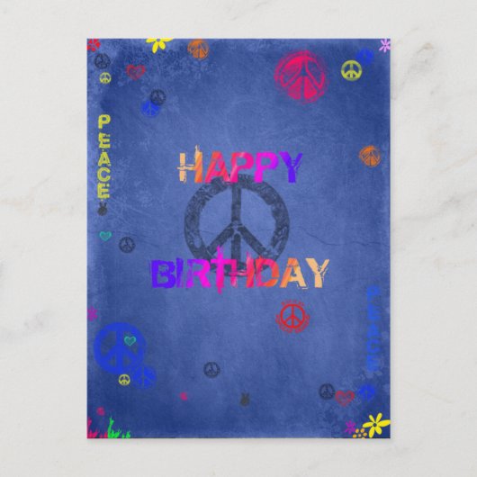 Hippie Happy Birthday Kaart Blauw Briefkaart (Voorkant)