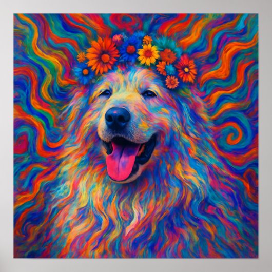 Hippie Happy Great Pyrenees Dog Art Portret Poster (Voorkant)