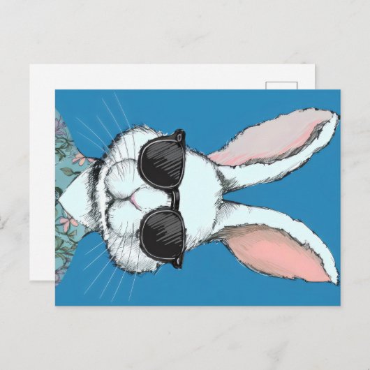 Hippie Hues Pasen Blues, Bunny in Retro Bloemen Sh Feestdagenkaart (Voorkant / Achterkant)