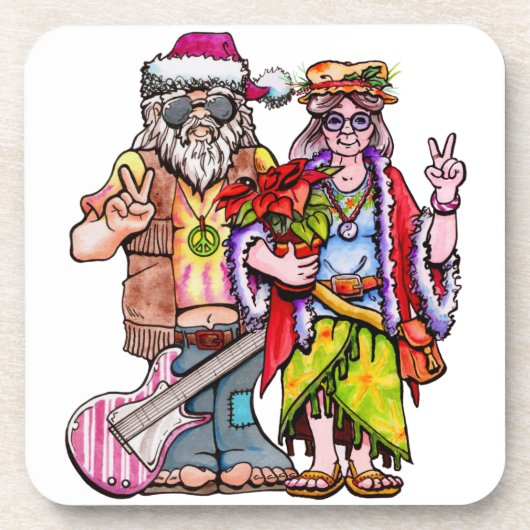 Hippie Kerstman Couple Bier Onderzetter (Voorkant)