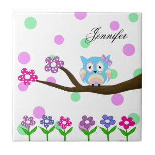 Hippie meerkleurige uil op boom en bloemen tegeltje