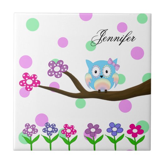 Hippie meerkleurige uil op boom en bloemen tegeltje (Voorkant)