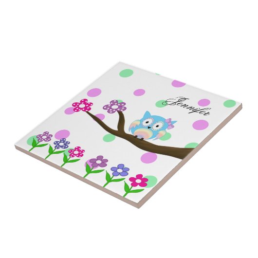 Hippie meerkleurige uil op boom en bloemen tegeltje (Zijkant)