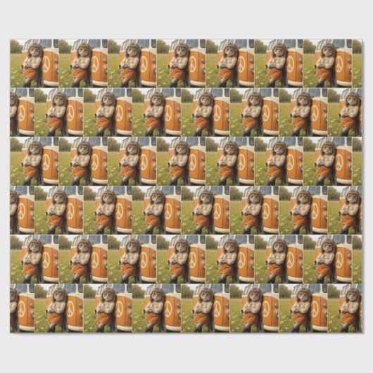 Hippie meisje kat leunend op een retro busje cadeaupapier (Vlak)