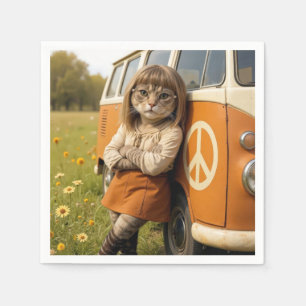 Hippie meisje kat leunend op een retro busje servet