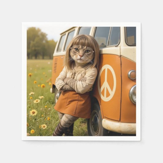 Hippie meisje kat leunend op een retro busje servet (Voorkant)