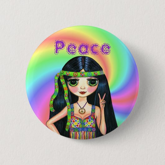 Hippie-meisje uit de jaren '60 met hoofdband ronde button 5,7 cm (Voorkant)