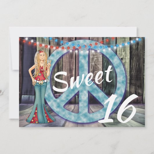 Hippie meisje, Vredesteken, Lights Sweet 16 Verjaa Kaart (Voorkant)