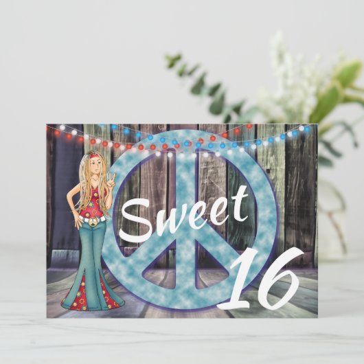 Hippie meisje, Vredesteken, Lights Sweet 16 Verjaa Kaart (Staand voorkant)