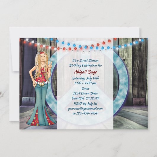 Hippie meisje, Vredesteken, Lights Sweet 16 Verjaa Kaart (Achterkant)