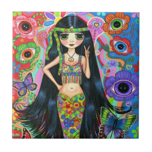 Hippie Mermaid Girl met oogbloemen en vlinders Tegeltje