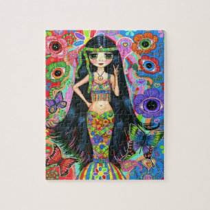 Hippie Mermaid Girl met oogbloemen Puzzle Legpuzzel