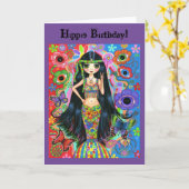 Hippie Mermaid Girl Peace Sign Psychedelic Cute Kaart (Gele Bloem)