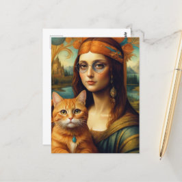 Hippie Mona Lisa en Haar Ginger Kat Briefkaart