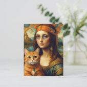 Hippie Mona Lisa en Haar Ginger Kat Briefkaart (Staand voorkant)