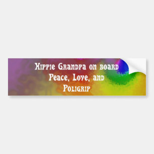 hippie oma aan boord , vrede , liefde en poligrip bumpersticker