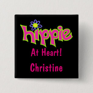 Hippie op Heart Hot Pink Art Black Name Badge Vierkante Button 5,1 Cm