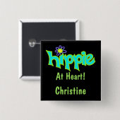Hippie op Heart Turquoise Art Black Name Badge Vierkante Button 5,1 Cm (Voorkant /achterkant)