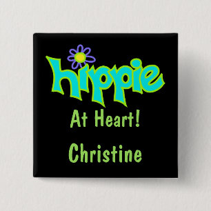 Hippie op Heart Turquoise Art Black Name Badge Vierkante Button 5,1 Cm