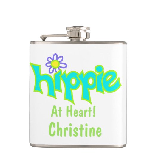 Hippie op Heart Turquoise Art Name Persoonlijk Heupfles (Voorkant)