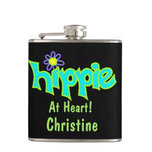 Hippie op Heart Turquoise Black Name Persoonlijk Heupfles