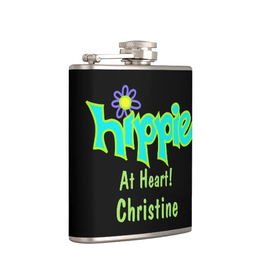 Hippie op Heart Turquoise Black Name Persoonlijk Heupfles (Rechts)