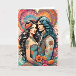 Hippie paar met psychedelische hart aankondiging