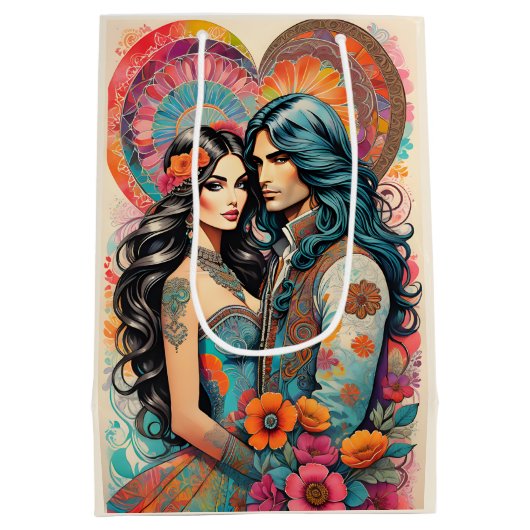 Hippie paar met psychedelische hart medium cadeauzakje (Achterkant)