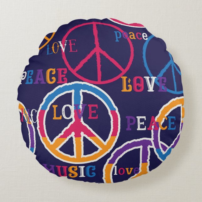 Hippie Peace: Levendig symboolontwerp. Rond Kussen (Voorkant)