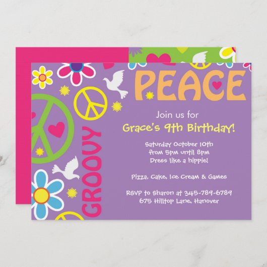 Hippie, Peace Sign, 60-thema, partijuitnodigingen Kaart (Voorkant / Achterkant)