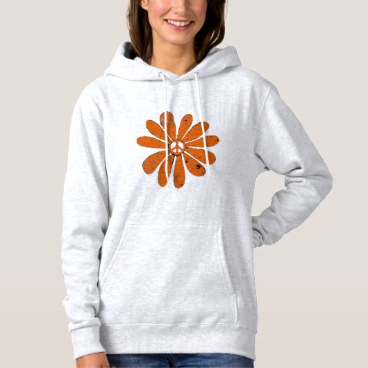 Hippie Peace Sign Flower Sinaasappel Distressed Lo Hoodie (Voorkant)