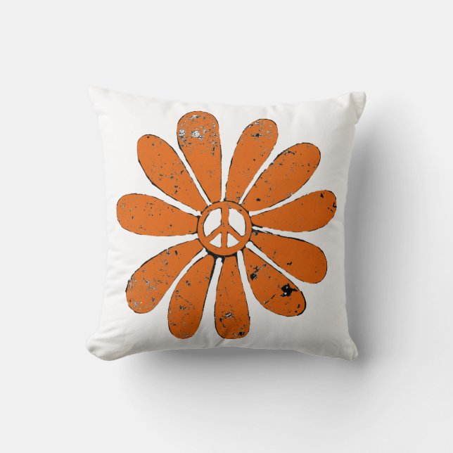 Hippie Peace Sign Flower Sinaasappel Distressed Lo Kussen (Voorkant)