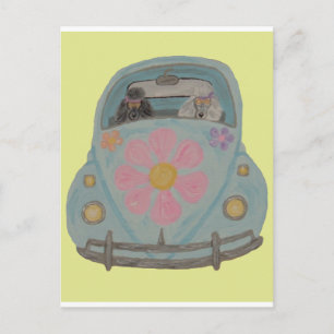 Hippie Poedels in hun Flower Child Liefdesauto Uitnodiging Briefkaart