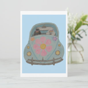 Hippie-poedels in hun Love-auto voor bloemenkinder Kaart
