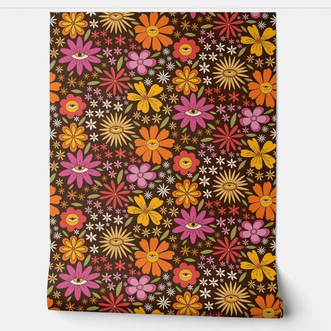 Hippie Psychedelic 70s Groovy Bloemen Oogpatroon Behang (Afrollen)