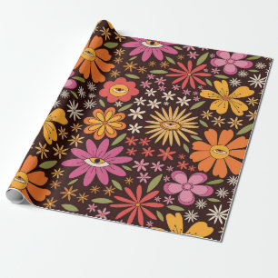 Hippie Psychedelic 70s Groovy Bloemen Oogpatroon Cadeaupapier