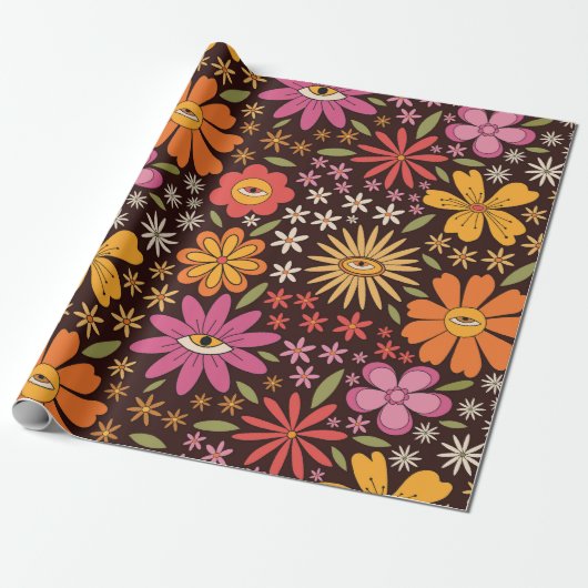 Hippie Psychedelic 70s Groovy Bloemen Oogpatroon Cadeaupapier (Uitgerold)
