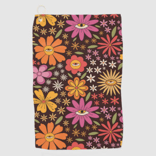 Hippie Psychedelic 70s Groovy Bloemen Oogpatroon Golfhanddoek