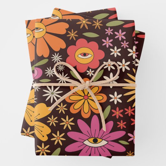 Hippie Psychedelic 70s Groovy Bloemen Oogpatroon Inpakpapier Vel (In situ)