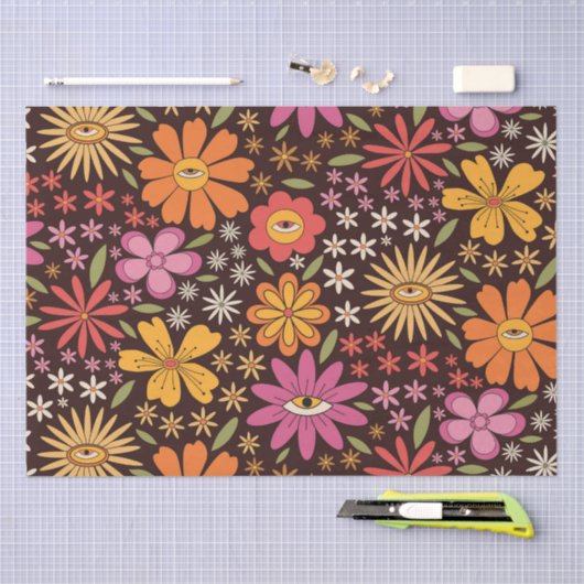 Hippie Psychedelic 70s Groovy Bloemen Oogpatroon Tissuepapier (Craft)