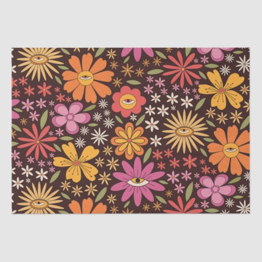 Hippie Psychedelic 70s Groovy Bloemen Oogpatroon Tissuepapier (Voorkant)